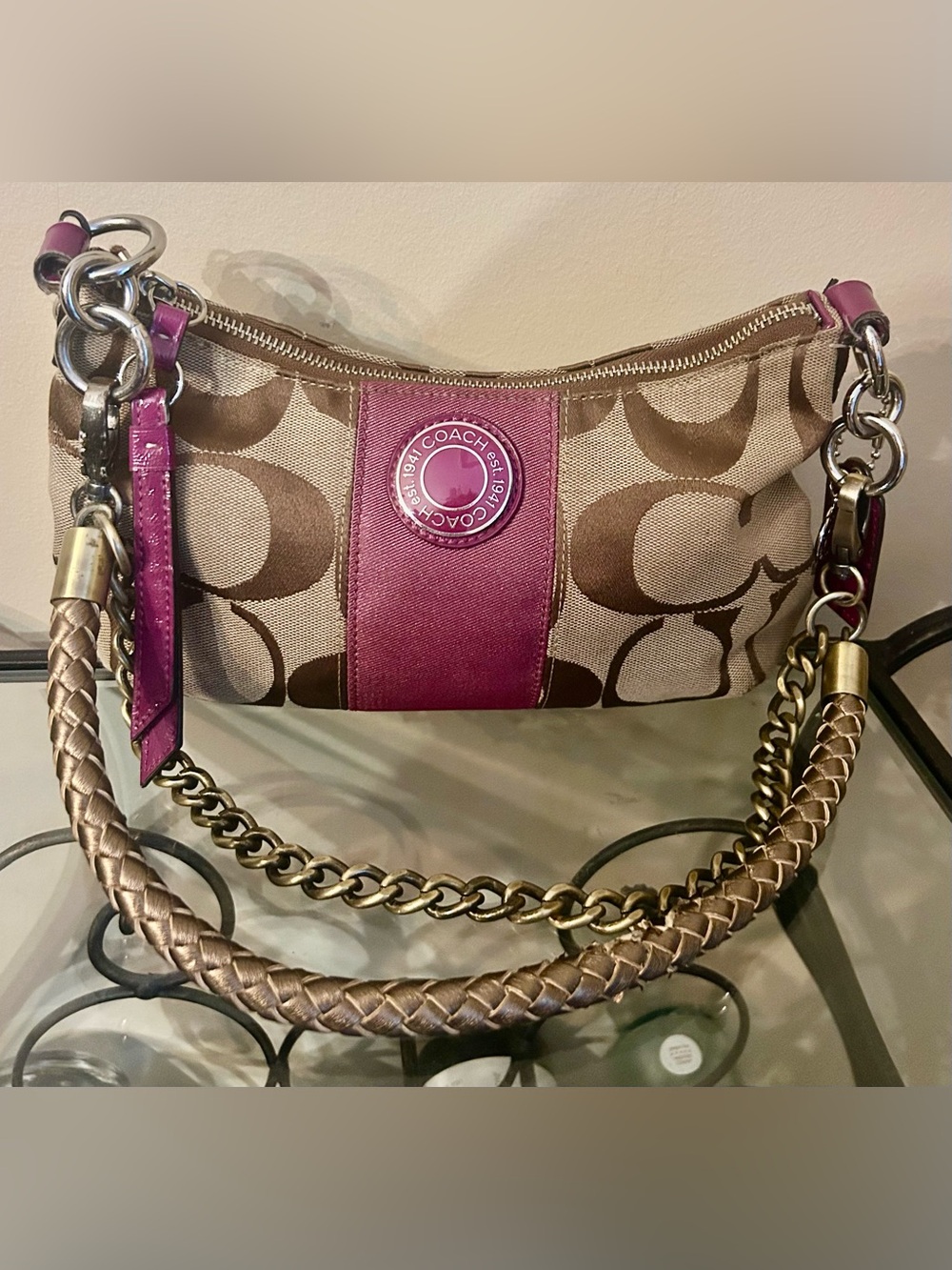 Coach Vintage Signature Canvas Shoulder Bag with Magenta Accents - Picture 4 of 16